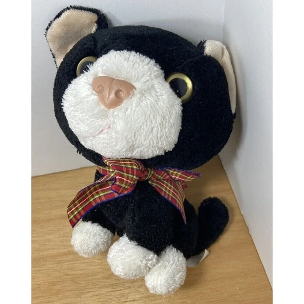 Chosun Vintage Black & White Big Head Plush Cat with Plaid Bow Rare HTF 9.5 in